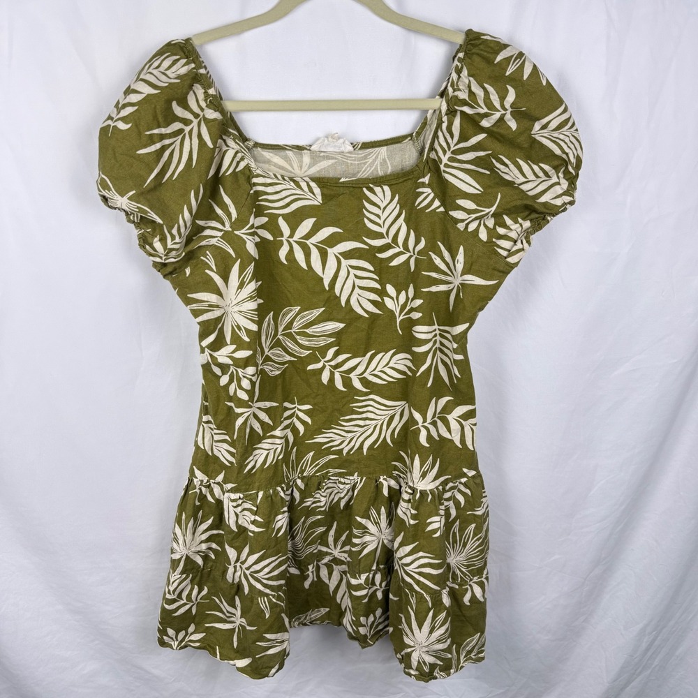 Lapogee Green Tropical Leaf Print Linen Blend Dress Large Resortwear Vacation